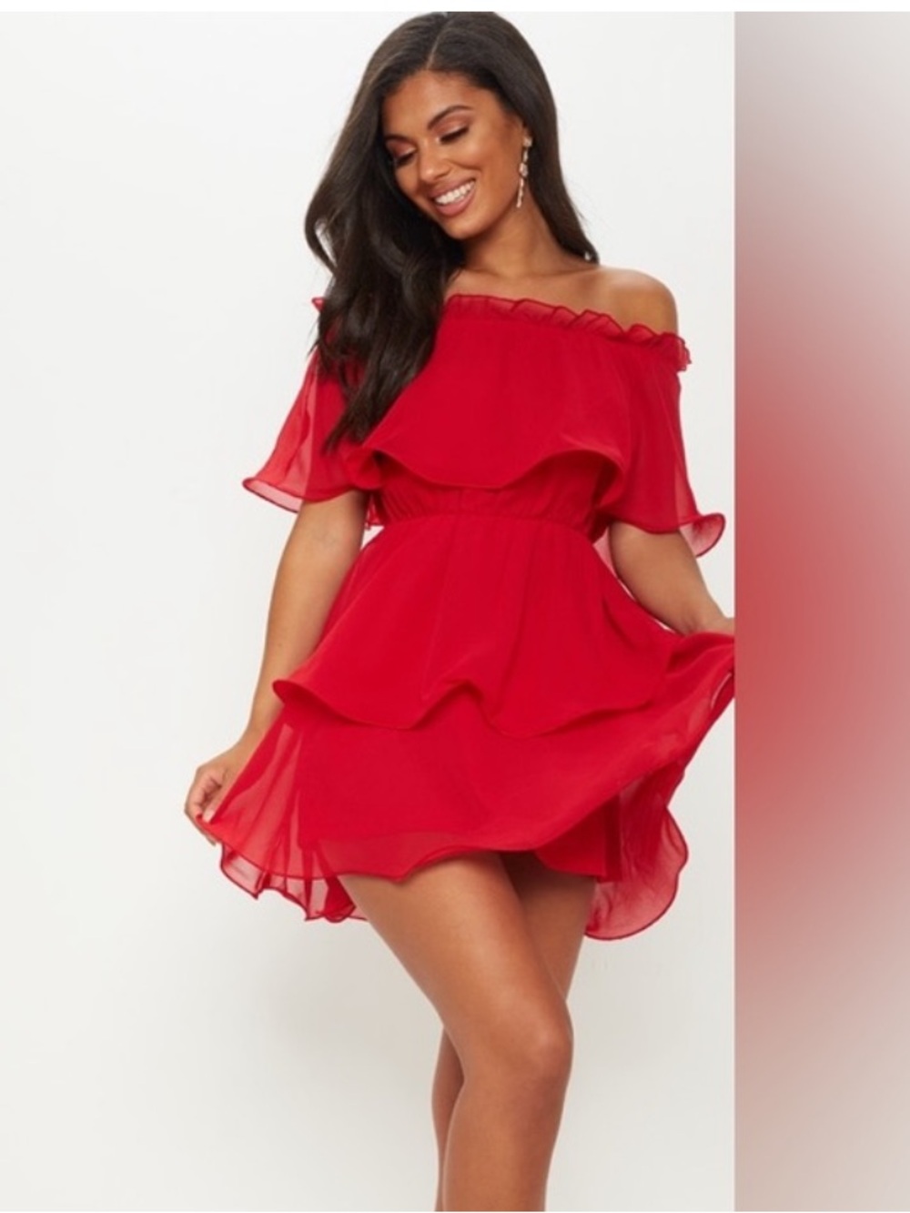 NWT PrettyLittleThing Red Chiffon Bardot Ruffle Tiered Dress Size 8